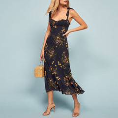 Dresses Elegant Vintage Floral Dress Frill Sweetheart Neck