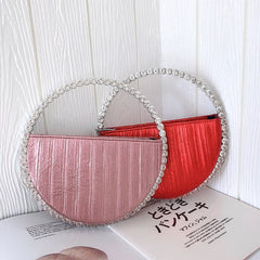 Rhinestone Circular Handle Evening Bag Designer Diamonds Round Red Clutch