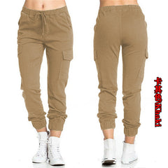 Solid Jogger Women's Cargo Pants Multi-Pocket Drawstring Elastic Waist