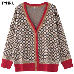Knitting Sweater Color Matching Diamond Lattice Single-Breasted Loose Casual Knitted Cardigan