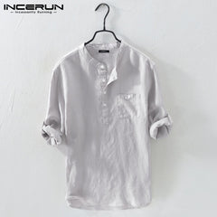 Men Shirt Cotton 3/4 Sleeve Stand Collar Harajuku Tops Solid Color