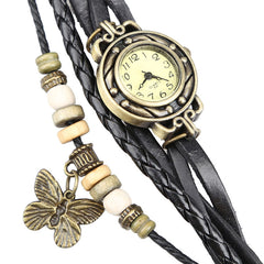 Women Retro Bracelet Wrist Watch Weave Wrap Faux Leather Butterfly