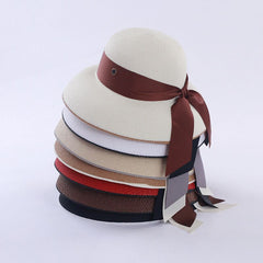 Retro French Hepburn Straw Hat Bow Seaside Big Brim Sun Protection Shade