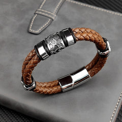 Stainless Steel Irregularly Cracked Bead Bracelet Genuine Braided Leather Male Bracelets