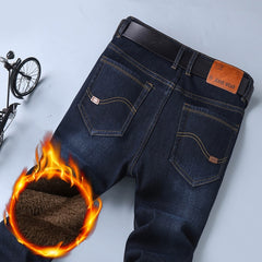 Classic MenRegular Fit Fleece Jeans Business Fashion Loose Casual