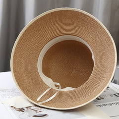 Retro French Hepburn Straw Hat Bow Seaside Big Brim Sun Protection Shade