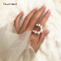 Fashion Gold Color Open Cuff Circle Ring Imitation Pearl Flower Ring