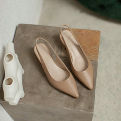 Pointed Toe Back Strap Slingback Women Pumps Genuine Leather Square Heel