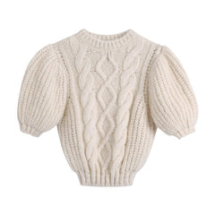 Fashion Cable-Knit Cropped Sweater Vintage O Neck Pullovers Chic Tops