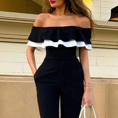 Women Off Shoulder Color block Ruffles Bodycon Jumpsuit Streetwear