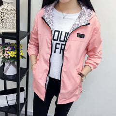 Women Jacket Spring Pocket Zipper Hooded Two Side Wear Outwear