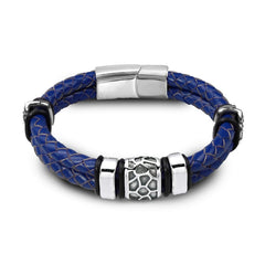 Stainless Steel Irregularly Cracked Bead Bracelet Genuine Braided Leather Male Bracelets