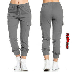 Solid Jogger Women's Cargo Pants Multi-Pocket Drawstring Elastic Waist