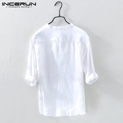 Men Shirt Cotton 3/4 Sleeve Stand Collar Harajuku Tops Solid Color