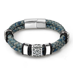 Stainless Steel Irregularly Cracked Bead Bracelet Genuine Braided Leather Male Bracelets