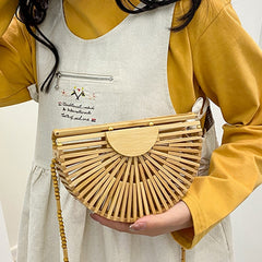 handbag for women shoulder bag semicircle bamboo woven beach bag