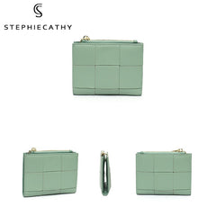 Fashion Woven Genuine Leather Women Short Wallet Functional Bifold Coin