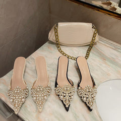 Shoes Elegant Beaded Crystal Lace Patchwork One Pedal Stiletto Slippers