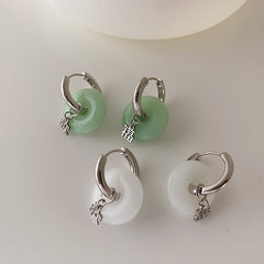 Unique Green Jade Round Stainless Steel Hoop Earrings