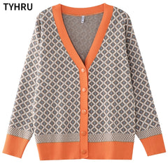 Knitting Sweater Color Matching Diamond Lattice Single-Breasted Loose Casual Knitted Cardigan