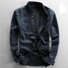 Cotton Linen Shirts Long Sleeve Men Casual Slim Mandarin Collar Shirts