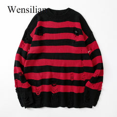 Black Stripe Sweaters Destroyed Ripped Sweater Pullover