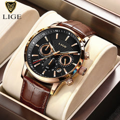Mens Watches LIGE Top Brand Luxury Leather Casual Quartz Watch