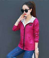 Women Jacket Spring Pocket Zipper Hooded Two Side Wear Outwear