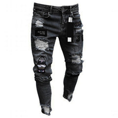 Men Stretchy Ripped Skinny Biker Embroidery Cartoon Print Jeans Destroyed