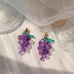 Vintage Purple Crystal Grape Leaf Earrings Sweet Reflective Smooth Irregular