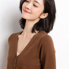 Solid V-Neck Women Cardigan Knitted Sweater Single Breasted Loose