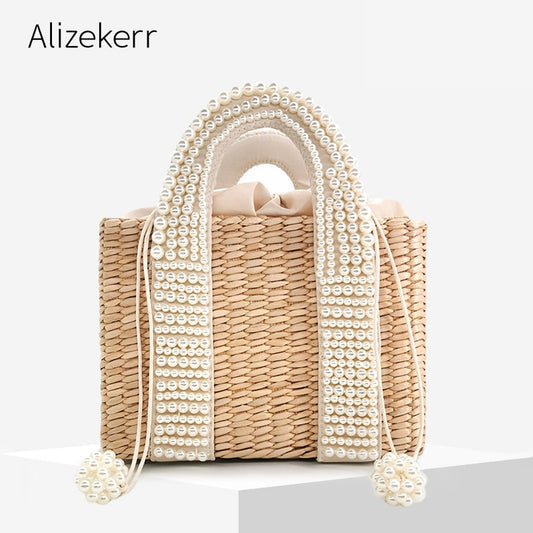 Pearls Beach Bag Women Elegant Woven Beaded Straw Bag