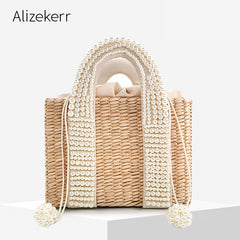 Pearls Beach Bag Women Elegant Woven Beaded Straw Bag