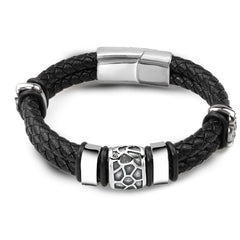 Stainless Steel Irregularly Cracked Bead Bracelet Genuine Braided Leather Male Bracelets