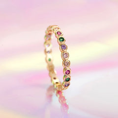 Silver Fashion Rainbow Round Rings Dazzling Zircon Heart Finger Rings