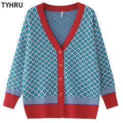 Knitting Sweater Color Matching Diamond Lattice Single-Breasted Loose Casual Knitted Cardigan