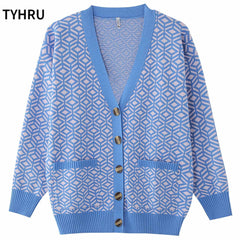 Knitting Sweater Color Matching Diamond Lattice Single-Breasted Loose Casual Knitted Cardigan