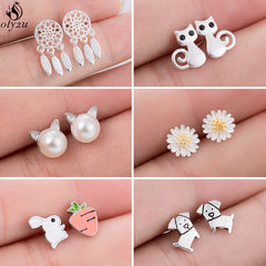 Fashion Jewelry Silver Color Small Pearl Cat Stud Earrings