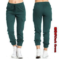 Solid Jogger Women's Cargo Pants Multi-Pocket Drawstring Elastic Waist
