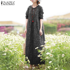 Vintage Women Printed Dress Sundress Casual Long Sleeve Maxi