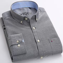 Men Fashion Long Sleeve Solid Oxford Shirt Single Patch Pocket Simple