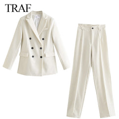 Women Jacket Double Breasted Notched Blazer Office Suit Pantsuit