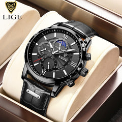 Mens Watches LIGE Top Brand Luxury Leather Casual Quartz Watch