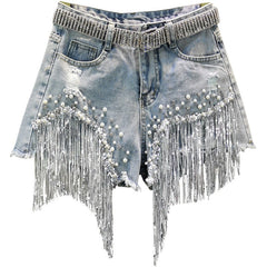 Elegant Shorts Lady Tassel Beading High Waist Wide Leg Denim Shorts