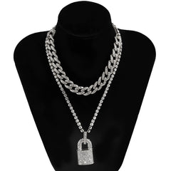 Hip Hop Bling Lock Pendant Choker Iced Out Shiny Cubic Zircon Necklace
