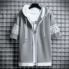 Japan Style Men Hoodies Fashion Streetwear Short Sleeve Hooded