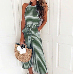 Stripe Jumpsuit Printed O-neck Bandage Sleeveless Long Wide Leg Pants