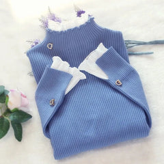 Patchwork Warm Sweater Elegant Long Sleeve Slim Turtleneck Knitted