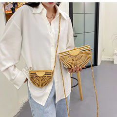 handbag for women shoulder bag semicircle bamboo woven beach bag