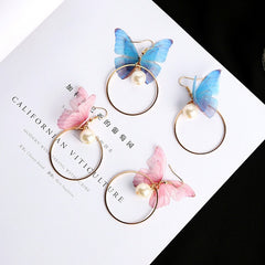 Retro Asymmetric Butterfly Imitation Pearl Earrings Fashion Round Flower